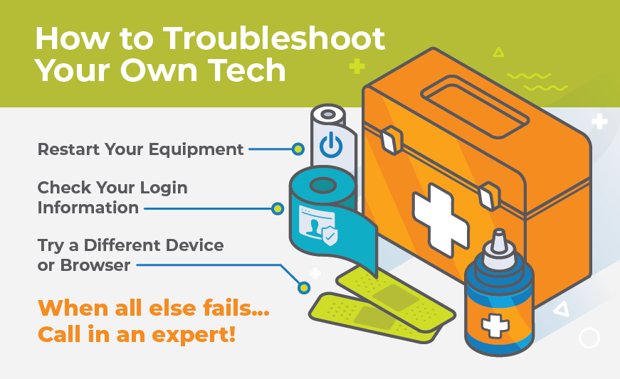 Infographic with 3 common ways to troubleshoot your tech, plus the advice to call an expert