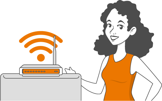Illustration of a woman next to her WiFi router.