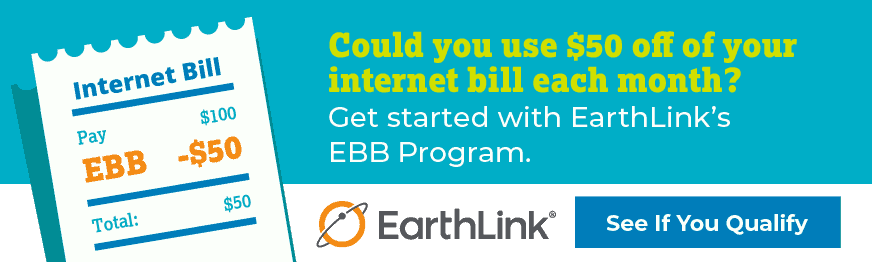 An inline ad stating, "Could you use $50 off your internet bill each month? Get started with EarthLink's EBB program." Links to earthlink.net/EBB