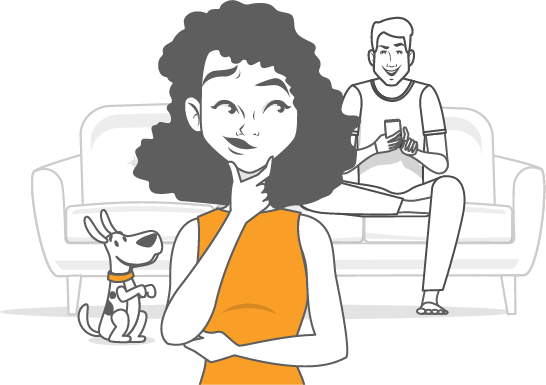 Illustration of a young couple using EarthLink to connect multiple devices. There's a cute doggo, too.