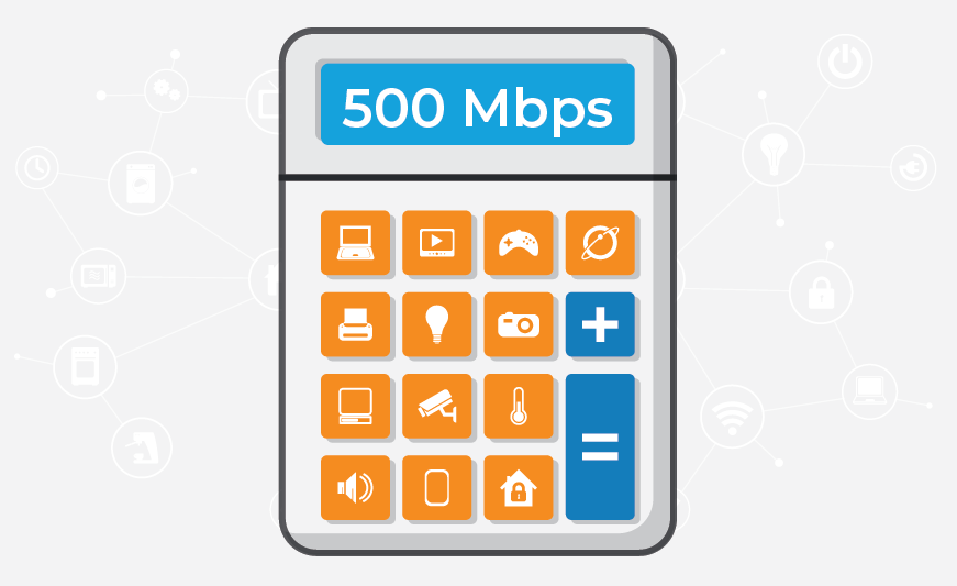 A calculator with the result: 500 Mbps. Each button has a symbol related to smart devices, like computers, gaming consoles, speakers, and smart phones