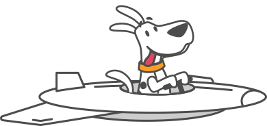 EarthLink dog mascot flying in his spacecraft