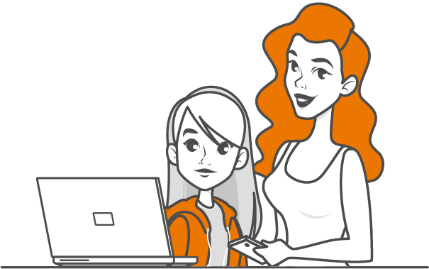 Illustration of young family members using laptop computer