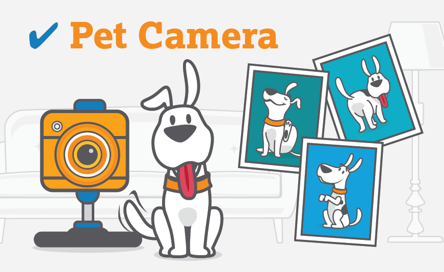 An illustration of a dog taking pictures in front of a pet camera.