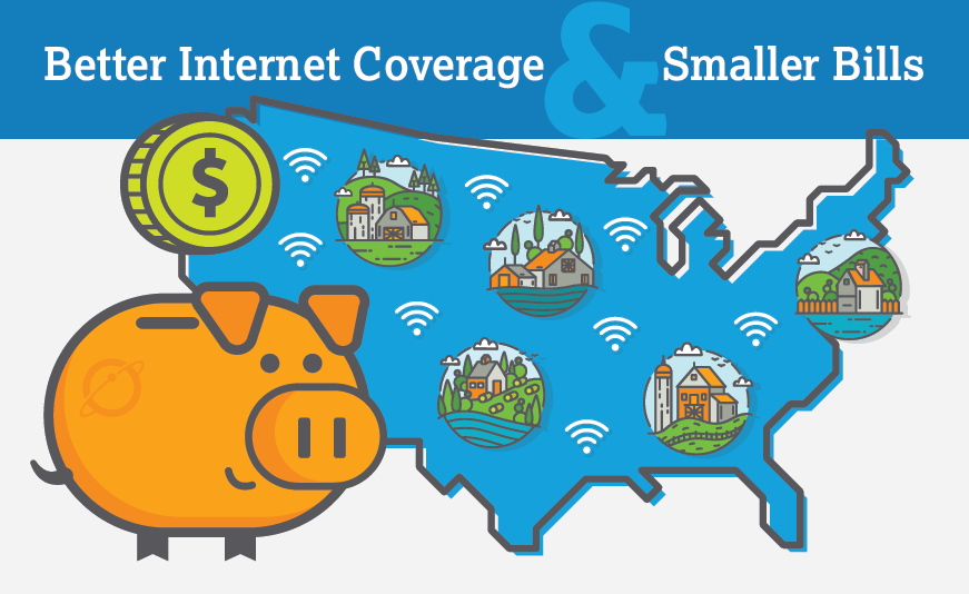 Image of the US with WiFi symbols across it. There's also a piggy bank with a coin going into it. The headline reads: Better Internet Coverage & Smaller Bills