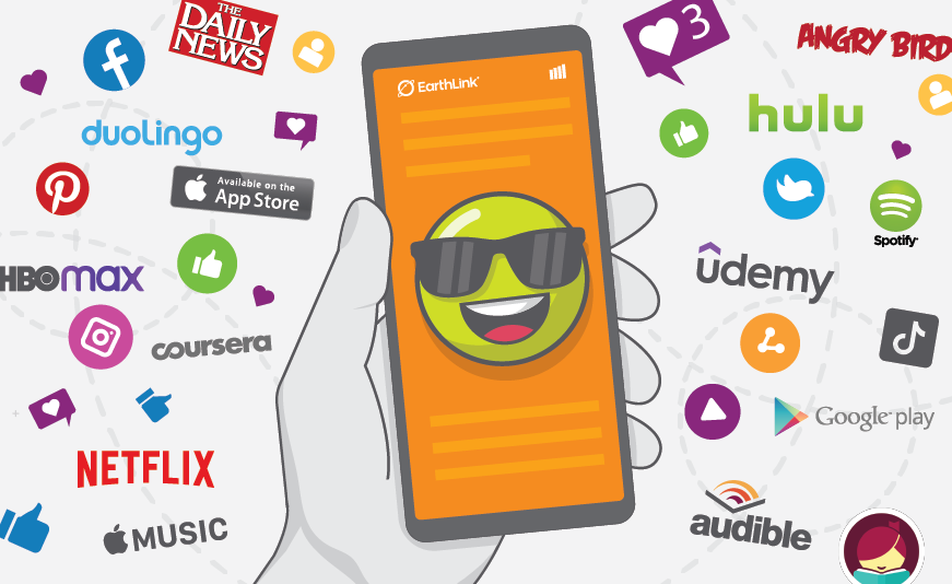 Person holding a cell phone surrounded by app logos such as Libby, Audible, Spotify, and Duolingo