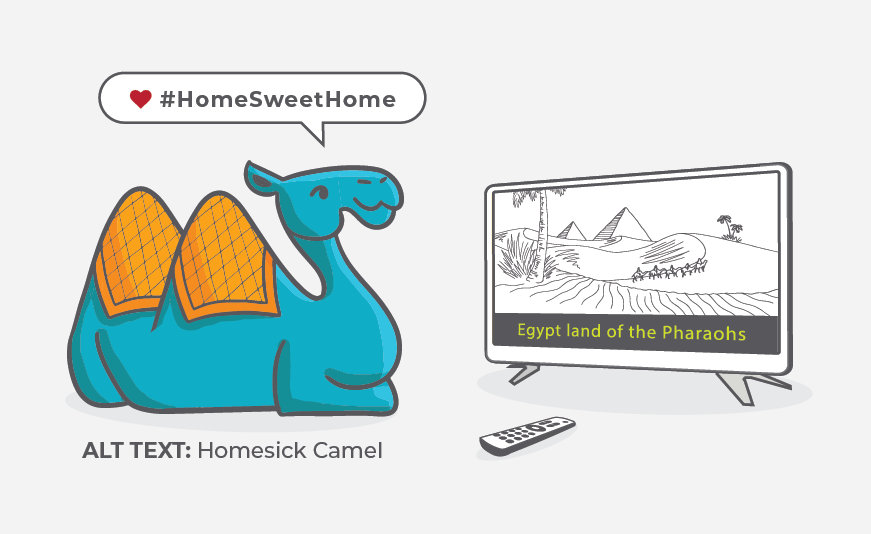 Illustration of a homesick camel with the CamelCase hashtag: #HomeSweetHome above.