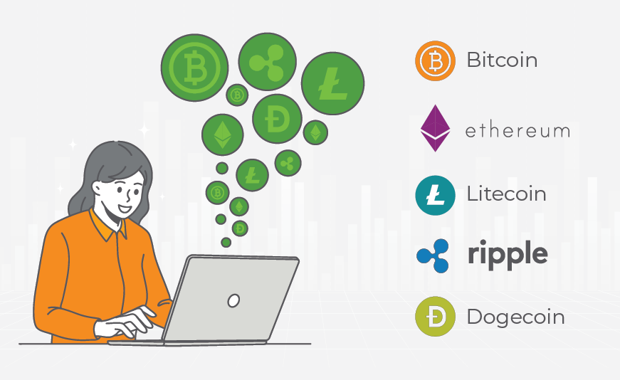Graphic with the logos of the 5 mentioned cryptocurrencies: Bitcoin, Ethereum, Litecoin, Ripple, and Dogecoin