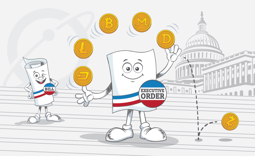 An Executive Order bill juggles various crypotcurrency logos and coins on Capitol Hill