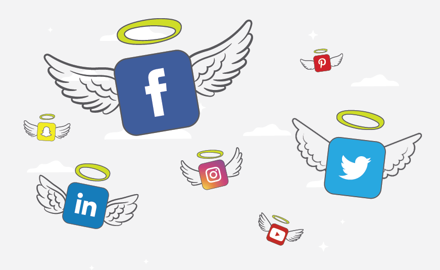 Social media platform app symbols, like Facebook, Twitter, and LinkedIn, with angel wings and halos