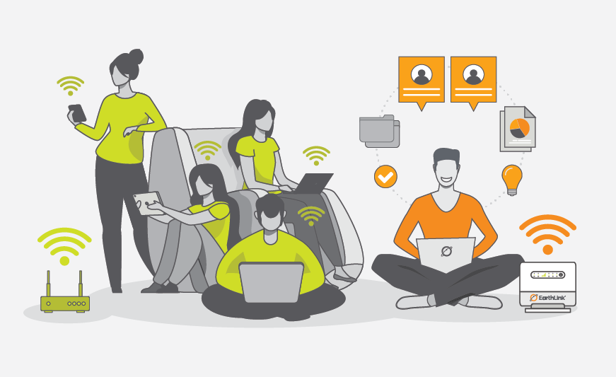 Illustration of a household of people on devices, with one person using their wireless home internet device to connect
