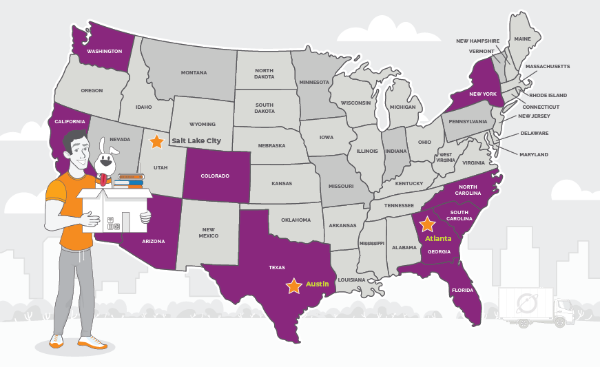 Map of the U.S. with the top states to move to highlighted: California, Arizona, Texas, Colorado, Washington, Florida, Georgia, South Carolina, North Carolina, and New York