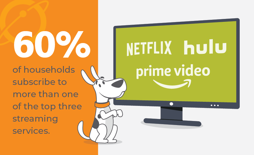 60 percent of households  subscribe to more than one streaming service on orange background with dog