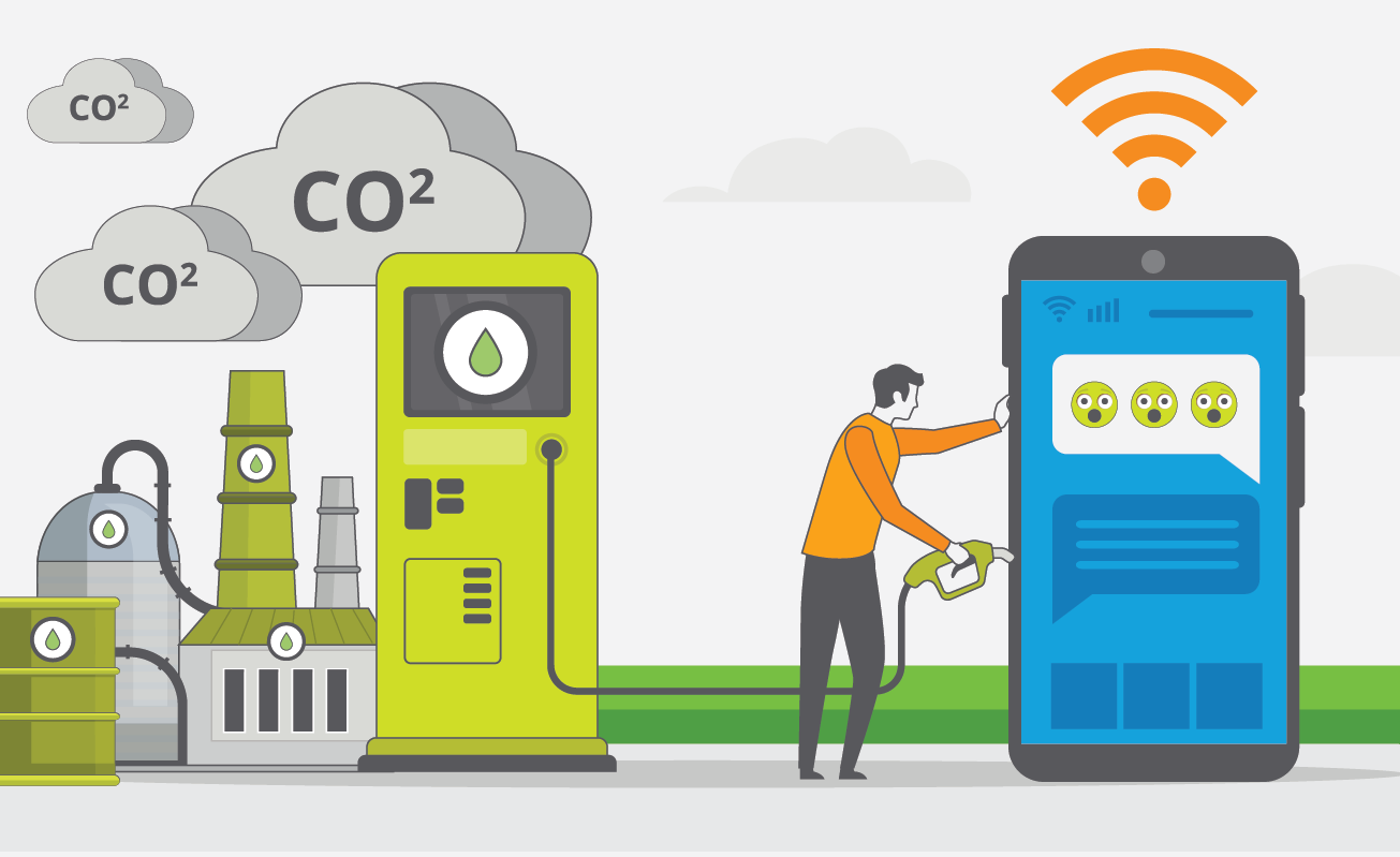 Illustration of a person pumping "gas" into their cell phone, with clouds of CO2 emission in the background