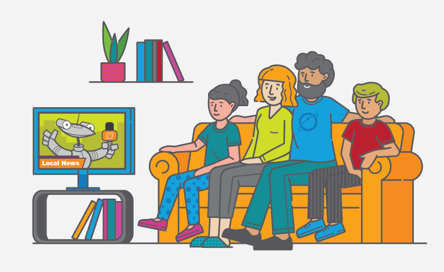 Illustration of a family sitting on a couch and watching local news on TV together
