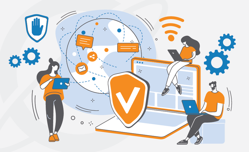 Illustration of several people connected to their tech around the globe, all protected by a VPN