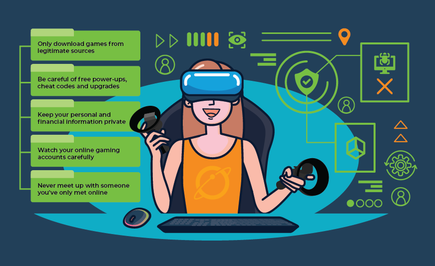 Illustration of a person gaming with a VR headset on and the tips as chat messages next to them